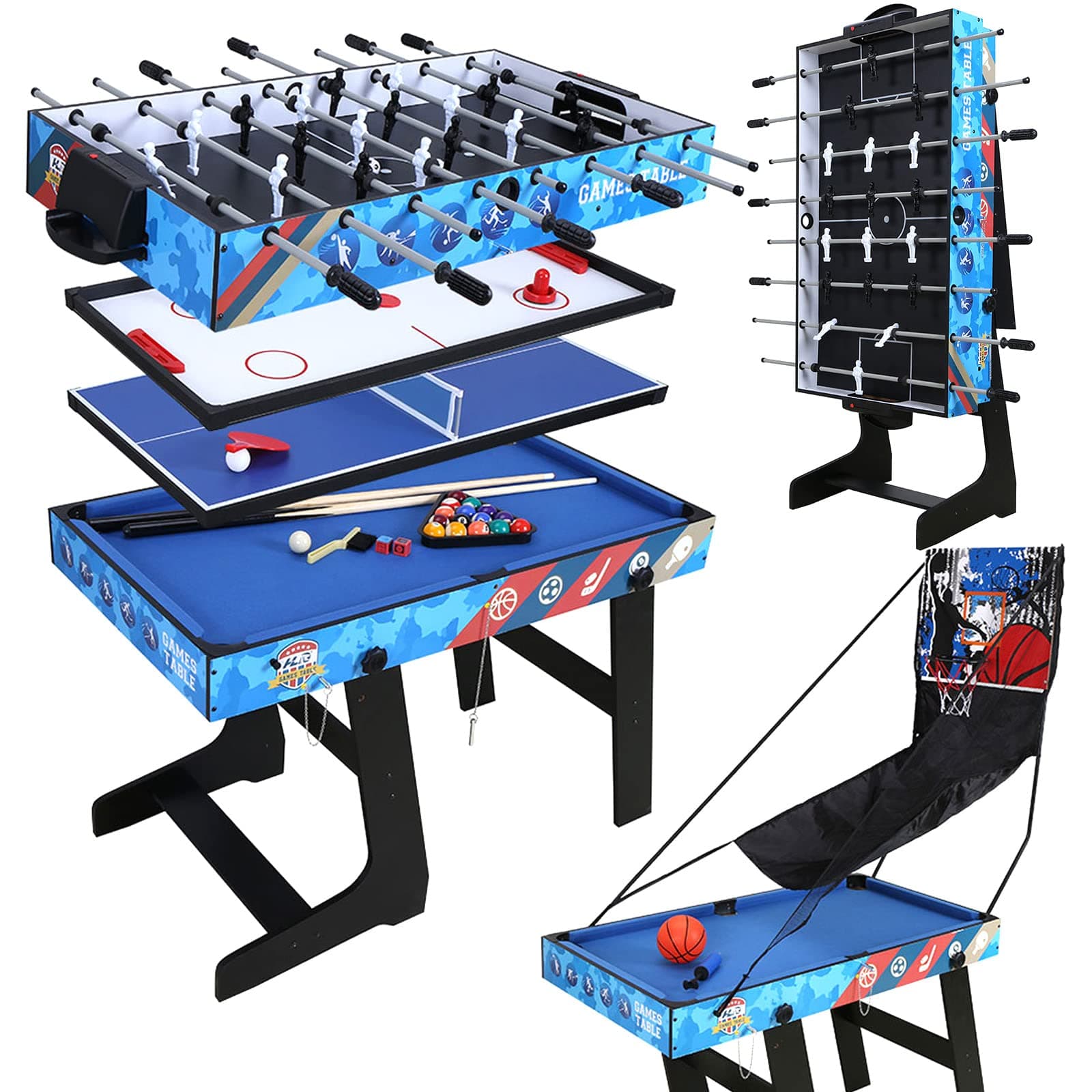 5-in-1 Multi Game Table HLC Portable Multi Game Combination Table Set Foosball Soccer,Ping Pong,Pool Billiards,Air Hockey,Basketball for Home Play Room, Rec Room