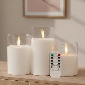 ANGELLOONG Glass Flameless Candles with Remote, White Battery Operated Candles with Timer, Electric Fake LED Candles for Bedroom Farmhouse Bathroom Coffee Table Decor, Clear
