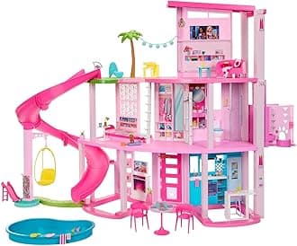 Barbie Dreamhouse, Pool Party Doll House with 75+ Pieces and 3-Story Slide, House Playset, Pet Elevator and Puppy Play Areas