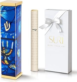 SURI Mezuzah for Door with Printed Scroll Inside | 4" Modern Mezuzah Case with Blue Marc Chagall Design, 24K Gold-Plated Aluminum | Jewish Gift from Israel, Includes Adhesive