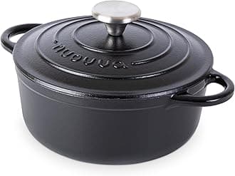 nuovvaEnamelled Cast Iron Dutch Oven Pot with Lid – 2.1 Quart Casserole Dish – Ceramic Dutch Oven for Bread Baking, Roasting, Braising & Stews – Oven Safe up to 500°F – 20cm Black