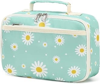 LEDAOU Lunch Bag Kids Insulated Lunch Box Girls Insulated Reusable Lunch Bag for School Picnic Hiking Work(White Daisy Green)