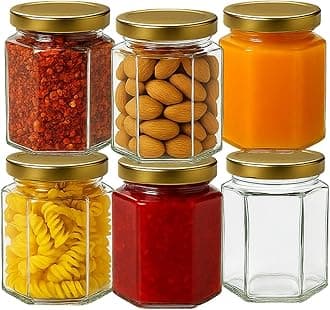 Offer Shop Glass Jam Jars Set of 6 Mason Glass Jars with Gold Lids - 280ml / 9oz Hexagonal Jars of Screw Top Lid to Preserve Jam Spices Sweets