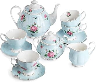 Brew To A Tea BTaT- Floral Set, cups (8oz), Pot (38oz), Creamer and Sugar Set, Gift box, China Set, Sets for Women, Cups and Saucer Set, Set for Adults, 4 Cups Set