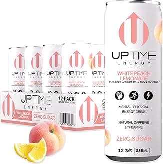 Energy Drink, White Peach Lemonade Sparkling, 12 Pack, Vitamin C, L Theanine, Calcium, Sugar Free Energy Drinks for Focus Support, 142mg of Natural Caffeine, 5 Calories, Clean, 12 fl oz Cans