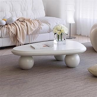 Irregular Modern Wood Cloud Shape Coffee Table With 3 Ball Legs for Living Room Bedroom, Cream