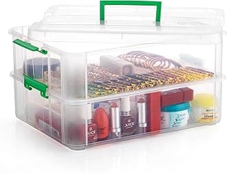 PALAK Plastic Storage Box - 2 Tier Transparent Rectangular Multi Utility Detachable, Portable & Stackable Space Saving Organiser With Lid F (2 Tier, Green)