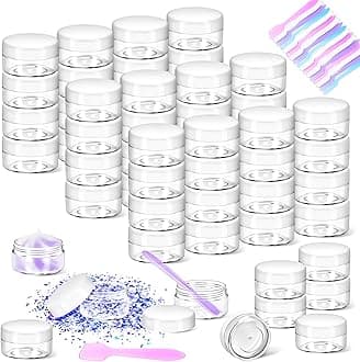 MotBach 50 Pack 10g Plastic Jars with Lids, 10ml Round Clear Cosmetic Containers Makeup Jars, Travel Size Container Jar with 20 Spatulas for Sample Lotion Cream Eyeshadow Ointment Salve Balm Powder
