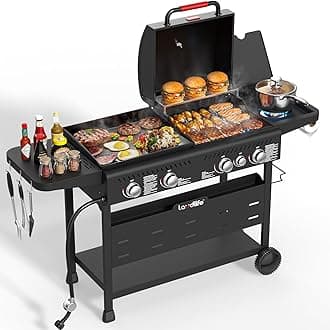 Griddle Grill Combo with Side Burner, 702 SQ.IN Cooking Space, 5 Burners Propane BBQ Grills of 50,000 BTU, Non-Stick Enamel Grate, Heavy-Duty Stand for Backyard BBQ & Outdoor Cooking