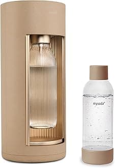Mysoda: Glassy Water Carbonator Made of Wood Composite with 1 Litre Glass Bottle and BPA-Free 1 Litre Plastic Bottle (without CO2 Cylinder) - Latte