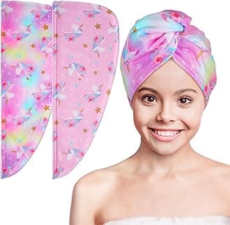 Basumee Microfiber Hair Towel Wrap for Kids 2 Pack Rapid Drying Hair Towel with Button Hair Turbans for Wet Hair Wraps Head Towel Wrap for Women and Girls, Light Pink