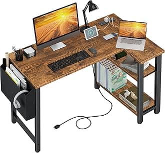 Lufeiya Small L Shaped Desk with Power Outlet Shelves, 40 Inch Reversible Corner Desk for Small Space Home Office, L-Shaped Computer Desk PC Desks with Charging Station, Rustic Brown