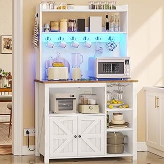 Itaar 35.4 inch Bakers Rack with Power Outlet and Storage, Farmhouse Coffee Bar Cabinet, Microwave Stand Kitchen Cabinet with Hutch, LED Lights, Wine Glass Holder and 8 Hooks，White