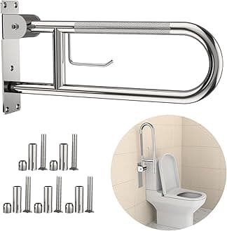 Toilet Grab Bar 22.4 Inch, YuanDe Flip Up Grab Bar with Paper Holder, Polished Chrome Anti-Slip Safety Bars for Toilet, Stainless Steel Knurled Toilet Handles for Seniors Disabled Elderly Pregnant