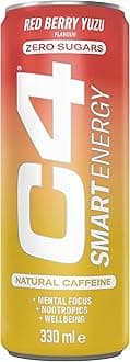 C4 Smart Energy Drinks Red Berry Yuzu 330ml (12 pack) | Sugar Free Energy Drink with 106mg Natural Caffeine, Brainberry, Nootropics, Vitamin C | Natural Energy Drink for Mental Focus On the Go