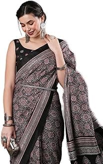 AKHILAM Women's Ajrak Block Print Dola Silk Saree With Unstitched Blouse Piece