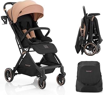 Gravity Folding Baby Stroller - Portable Travel Toddler Stroller w/Adjustable Backrest, Canopy & Cup Holder, Lightweight and UV Protected, One-Hand Automatic Folding - Khaki