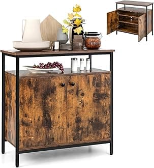 TANGZON Industrial Storage Cabinet, 2-Door Wooden Sideboard with Open Shelf, Cable Holes & Adjustable Foot Pads, Steel Frame Display Cupboard Organiser for Home Kitchen Living Room Hallway