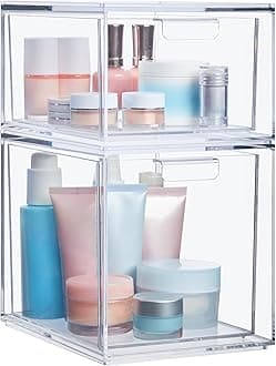 Audrey Stackable Clear Bin Plastic Organizer Drawers | 2 Piece Set | Organize Cosmetics and Beauty Supplies on a Vanity | Made in USA