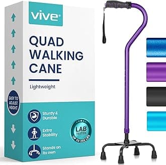 Vive Quad Cane Walking Stick Lightweight Adjustable Staff Comfortable Right And Left Hand Grip For Stability Support Four Prong Sturdy Aluminum Travel Aid 4 Tip One Size Purple