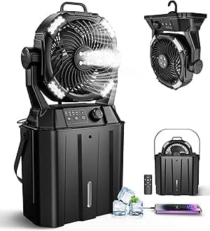 Portable Misting Fan with Remote, Camping Mister Fan for Outdoors Patios, Rechargeable Battery, 4 Spray Outlets, 3 Lights Modes, Stepless Speed and Timer for Fishing/Golf/Garden/Party/Office