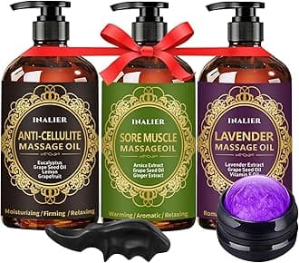 Massage Oil for Massage Therapy,Easter Basket Stuffers,3 Pack Cellulite Massage Oil,Sore Muscle Arnica Oil & Lavender Massage Body Oil with Massage Ball & Thumb Saver Tool,Easter Gifts for Men Women
