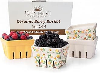 BIEN BEAU Ceramic Berry Basket, Farmhouse Colander, Farmers Market square Bowl. Rustic Kitchen decor fruit bowls, Fruit Baskets, Yellow, White and floral pattern Stoneware Harvest Bowls Set of 4