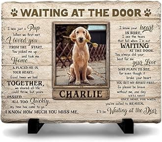 Personalized Dog Memorial Stone Plaque - Waiting at The Door, Sympathy Gift for Pet Lovers, Changing Colorful Background to Paint Loving Memory, Ideal Cat Mom Gifts