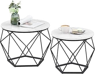 VASAGLE Round Coffee Table, Set of 2, Side Table, Sofa End Table, Modern Style, Removable Top, Steel Frame, for Living Room, White and Black LET040B59