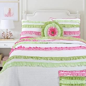 Cozy Line Home Fashions Pink Green Chic Ruffles Girl 100% Cotton Reversible Quilt Bedding Set, Coverlet, Bedspreads (Twin - 2 Piece: 1 Quilt + 1 Standard Sham)