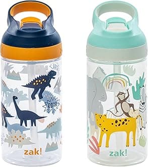 Atlantic Kids Water Bottle For School or Travel, 16oz Durable Plastic Water Bottle With Straw, Handle, and Leak-Proof, Pop-Up Spout Cover, 2-Pack (Zaksaurus and Safari)