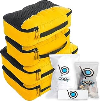 bago 7 Pcs Packing Cubes for Suitcases - 4 Travel Cubes with 3 ZipLock Bags - Luggage Organizer Bags to Get Maximum Storage, Save Time & Effort to Pack - Happy Traveling (Yellow)