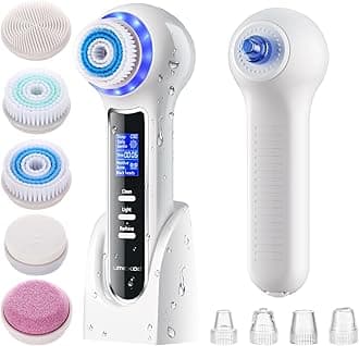 Face Scrubber Exfoliator,Facial Cleansing Brush Waterproof with LCD Screen,Blackhead Remover Vacuum with 5 Brush Heads,Face Spin Brush for Exfoliating (White+Black)