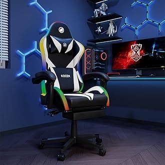 Gaming Chairs for Adults Tall and Kids，Lumbar Support,LED Lights，High Back Reclining Computer Chair with Headrest (Black+White)
