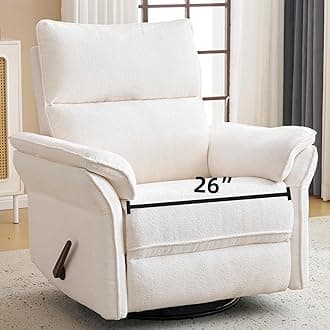 Oversized Recliner Chair, 26" Extra Wide 360° Swivel Rocker Recliner with Adjustable Headrest, Chenille Glider Rocking Nursery Chair with Overstuffed Armrest, Lumbar Support, White