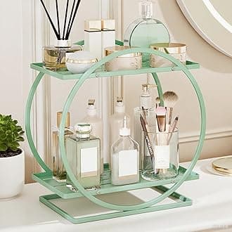 Green Perfume Organizer for Dresser, 2-Tier Bathroom Counter Organizers, Elegant Round Makeup Organizer for Vanity, Versatile Bathroom Tray Countertop Shelf, Compact Skincare Storage