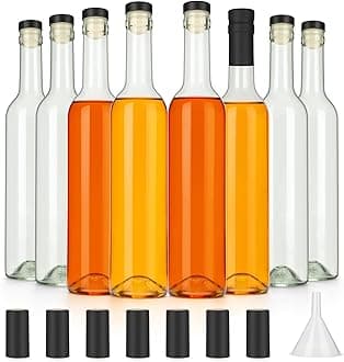 HINGWAH 16oz Clear Glass Wine Bottles with Cork Lids and PVC Shrink Capsules, 500ml Capacity, Ideal for Wines, Liquor, Juices, Homemade Lemoncello, Olive Oil, Sauces, Oils, Decorative Items (8 Pack)