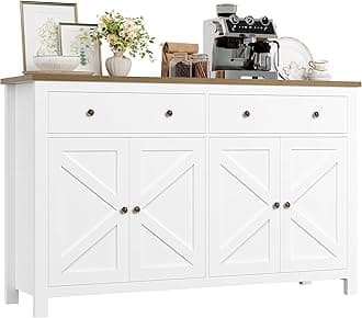 FirFurd Sideboard 140cm Large Kitchen Sideboard Storage Cabinet White Kitchen Cabinet Cupboard with 2 Drawers 4 Doors Adjustable Shelves for Living Room Dining Room 140x40x89cm