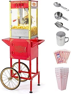 ROVSUN Popcorn Machine with Cart & 8 Oz Kettle Makes Up to 32 Cups ETL Certified, Vintage Popcorn Maker with Stainless Steel Scoop, Oil Spoon & 3 Popcorn Cups for Commercial Home Movie Theater, Red