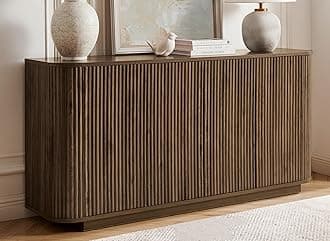 LKTART 64" Buffet Cabinet with Storage, Modern Fluted Accent Sideboard Media Console Credenza with Adjustable Shelves Pressed Spring for Kitchen Living Room,31.5" H (Walnut)