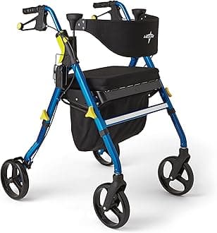 Medline Premium Empower Folding Mobility Rollator Walker with Memory Foam Seat, Black & Blue, 300 lb. Weight Capacity, 8” Wheels, Cupholder, Rolling Walker for Mobility Impairment, Adjustable Handles