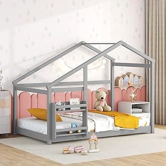 Bellemave House Bed for Kids, Twin Floor Bed, Pine Wood House Floor Bed, Montessori Bed for Kids, Gray with Shelf