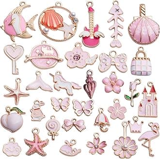 - 1 Set 31pcs DIY Mixed Assorted Gold Plated Enamel Charm Unicorn Flower Dress Fish Shell Moon Star Animals Pendant DIY for Necklace Bracelet Jewelry Making and Crafting Charms
