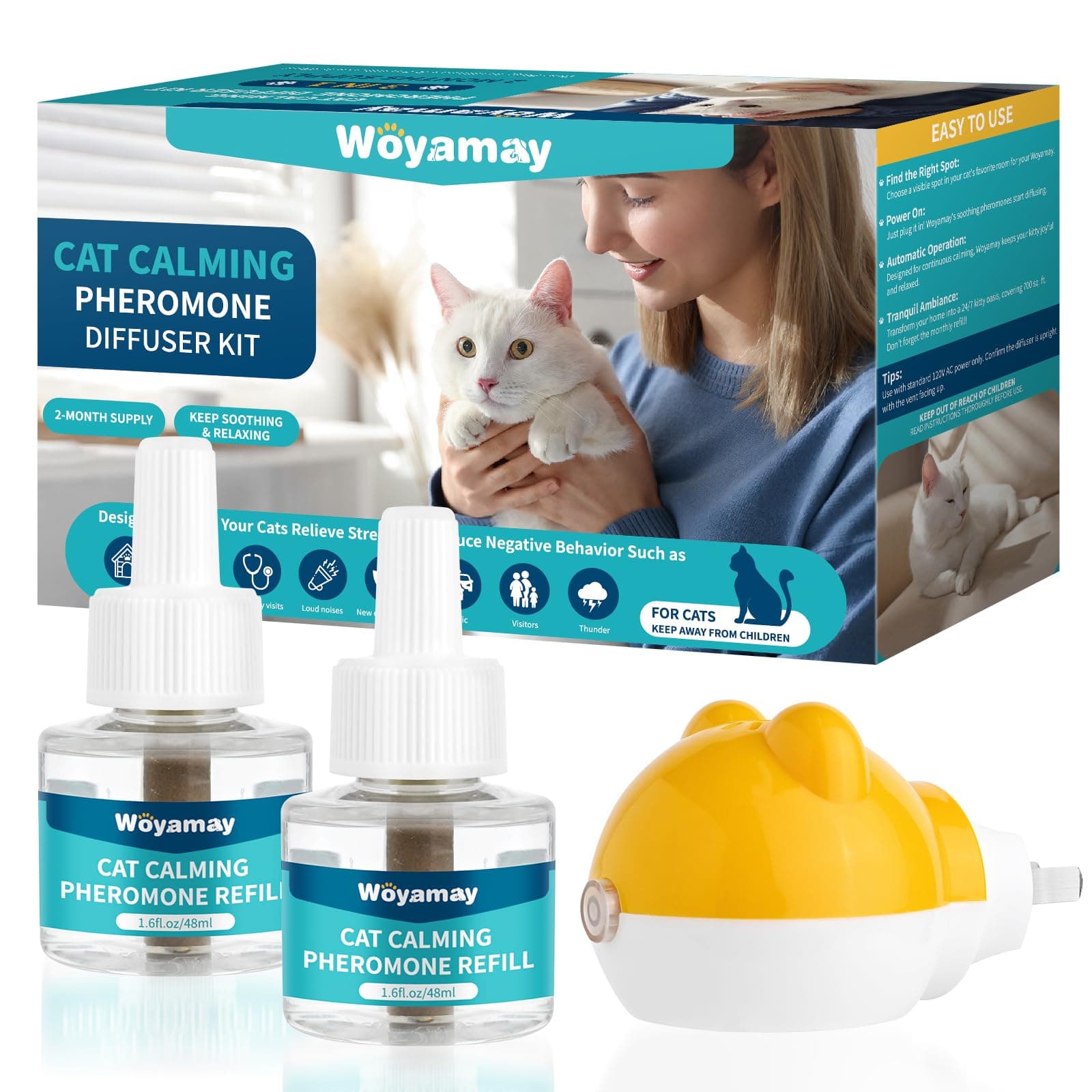 Cat Calming Diffuser - Cat Pheromones Calming Diffuser for Cat Anxiety Relief 3-in-1 Cat Pheromone Diffuser Kit with 1 Diffuser + 2 Refill 48ml Vial - 60 Days Pheromone Diffuser to Calm Cats