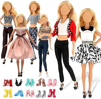 16 PCS Clothes and Accessories for 11.5 inch Doll Including 6 Casual Wear Outfits ( 4 Tops 4 Pants and 2 Dress 1 Coat ) and 10 Pair of Stylish Shoes in Random Girls Birthday