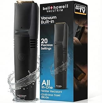 Vacutrim Cordless Mens Beard Trimmer, Rechargeable Electric Shaver with 20 Trim Setting Calibration Dial and Built-in Vacuum for Mustache, Sideburns. Facial Hair, Black, 7.5", As Seen On TV