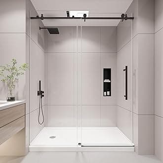 KPUY Frameless Shower Door, 55-60" W x 76" H Sliding Glass Shower Door, 1/4" (6mm) Thick Tempered Clear Glass with Explosion-Proof Film Nano Coating, Stainless Steel Hardware, Matte Black