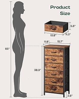 Huuger 6 Drawer Dresser for Bedroom, Tall Dresser & Chests of Drawers, Fabric Dresser for Closet, Bedroom, Night Stand, End Table with Metal Frame, Storage Tower with Fabric Bins, Rustic Brown