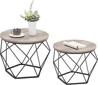 VASAGLE Small Coffee Table Set of 2, Round Coffee Table with Steel Frame, Side End Table for Living Room, Bedroom, Office, Greige and Ink Black