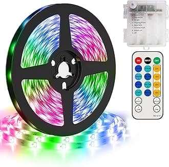 5M Strip Lights Battery Powered, 150 LED Lights Strip with Remote, 8 Modes, Timer, Outdoor Waterproof Self-Adhesive LED Tape Lights for Kitchen Bedroom Cabinet Decor (Multicolor)